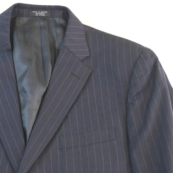 Vtg Y2K Boxy 2000s 42R 33x32 Navy Blue Striped 100% Wool Mens Jacket Pants Suit